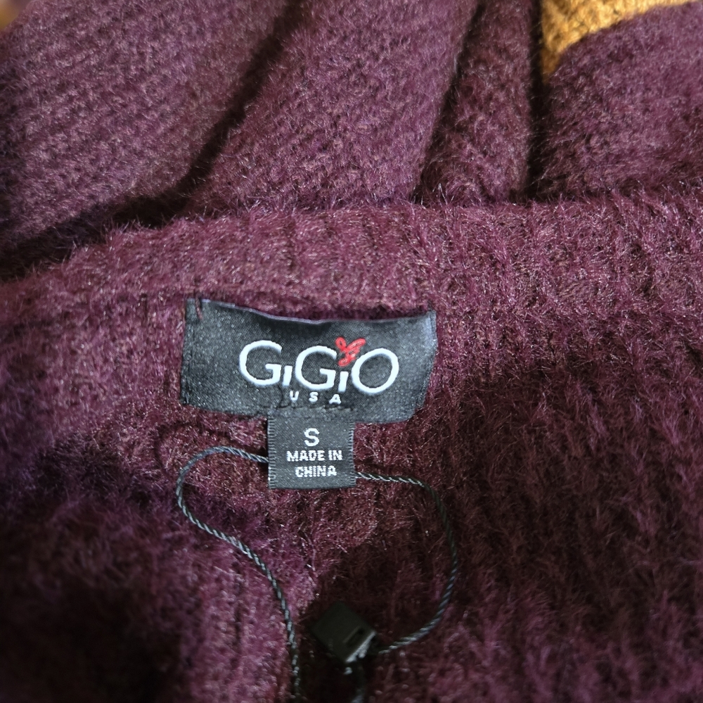 Cardigan, GiGi size small  in burgundy, mustard, dark coral, and navy